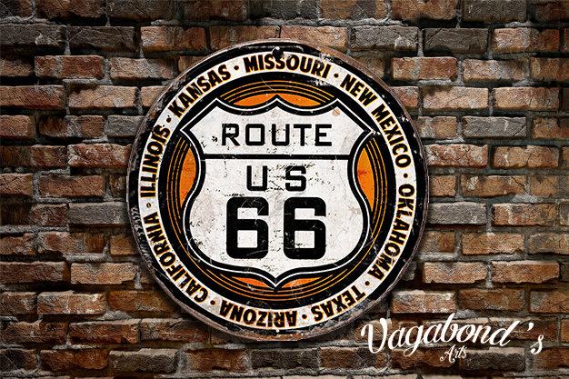 Vintage Route 66 Circular Sign - Vagabonds Arts 